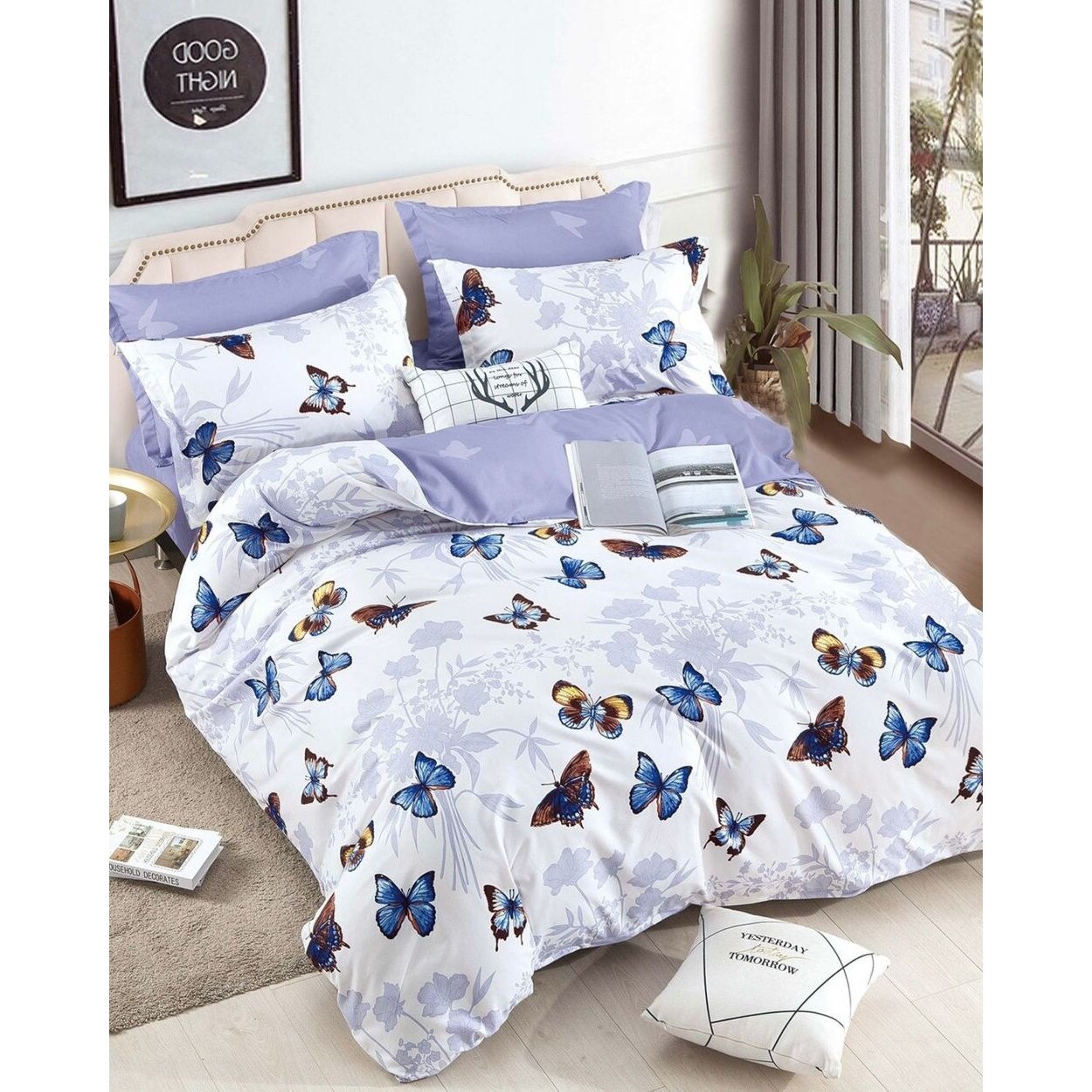 Lenjerie de Pat cu Elastic, Finet, 6 Piese, Pat 2 Persoane, Blue Butterflies, FNJE-55