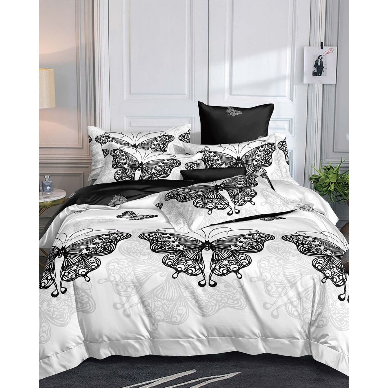 Lenjerie de Pat cu Elastic, Finet, 6 Piese, Pat 2 Persoane, Black Butterflies, FNJE-57