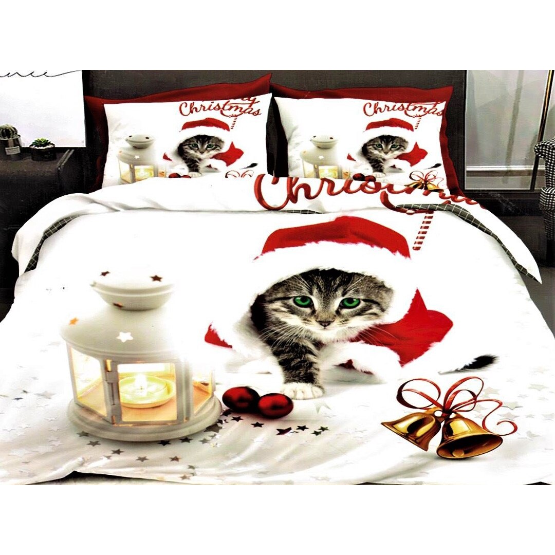 Set Lenjerie Craciun, Finet, 6 Piese, Pat 2 Persoane, Merry Christmas, F20-07