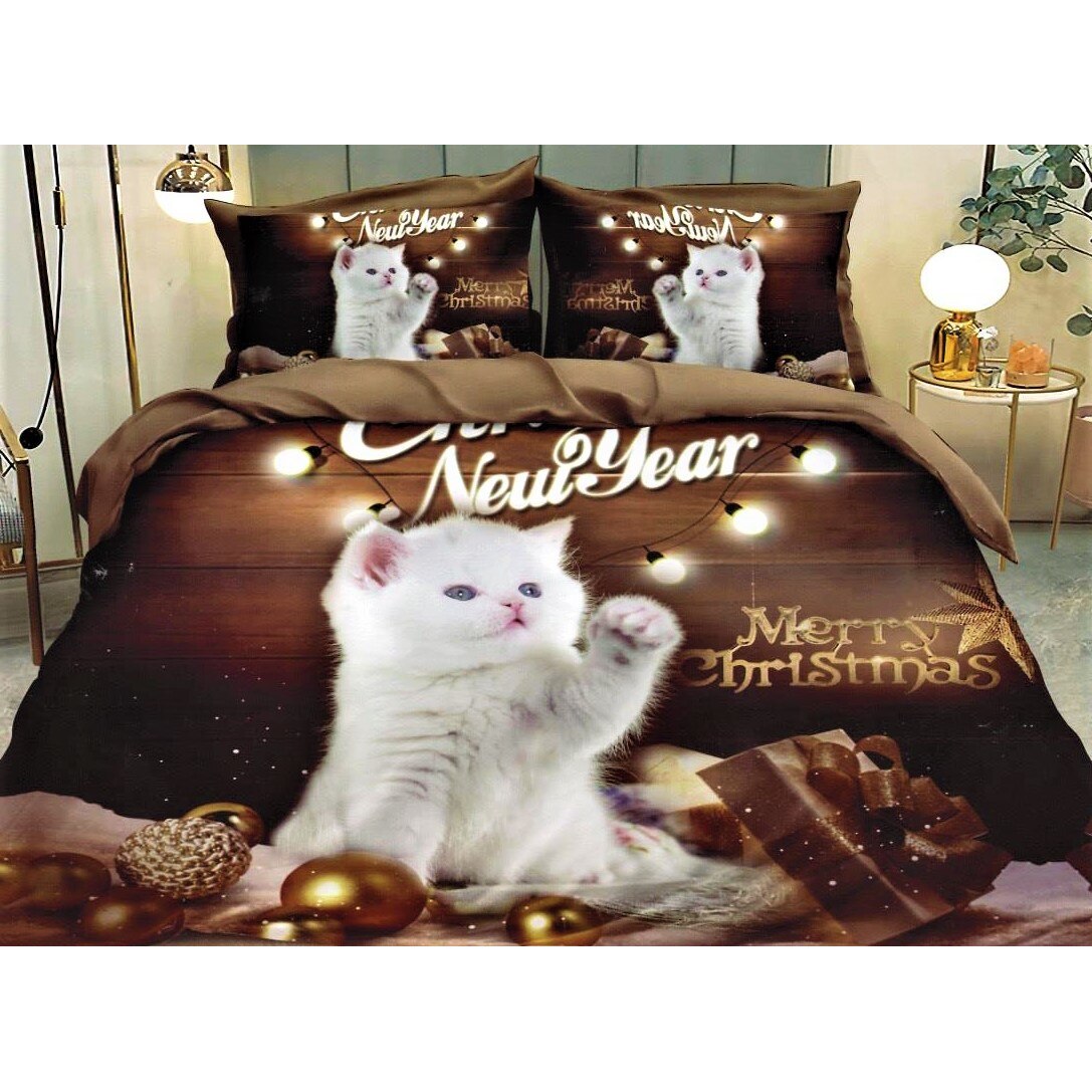 Set Lenjerie Craciun, Finet, 6 Piese, Pat 2 Persoane, Cat New Year, F20-06