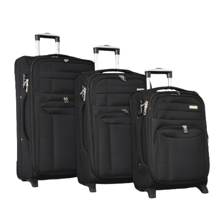 Комплект Куфари PERFECT LINE 1709-2, Разширител, Текстил, 75/30/45 см, Черни, 3 броя