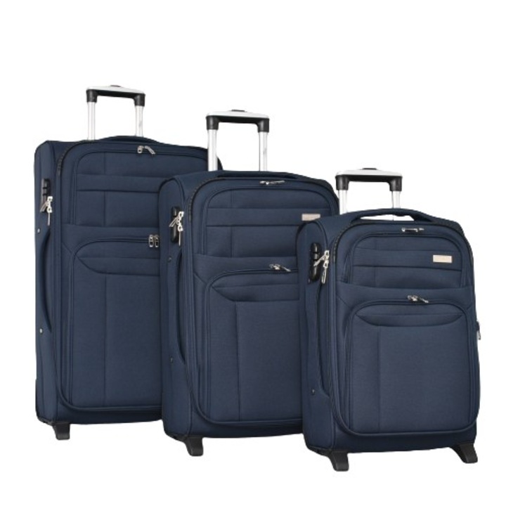 Комплект Куфари PERFECT LINE 1709-2, Разширител, Текстил, 75/30/45 см, Сини, 3 броя