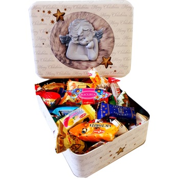 Cutie din metal cu imprimeu de Craciun, bomboniera cu bomboane Bucuria, 700 gr Cutie din metal cu imprimeu de Craciun, bomboniera cu bomboane Bucuria, 700 gr