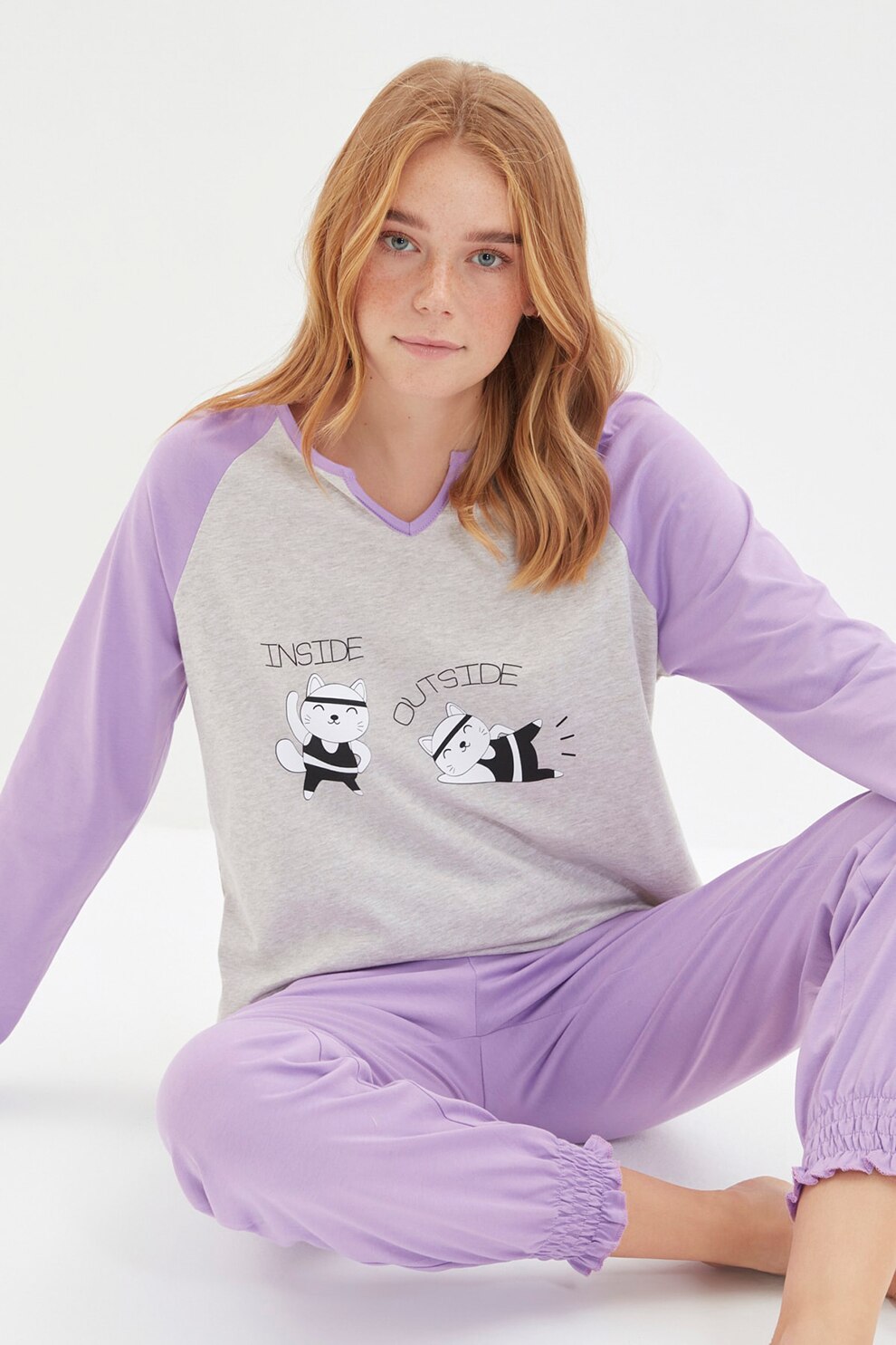 Trendyol, Pijama lunga cu maneci raglan, Lila/Gri deschis