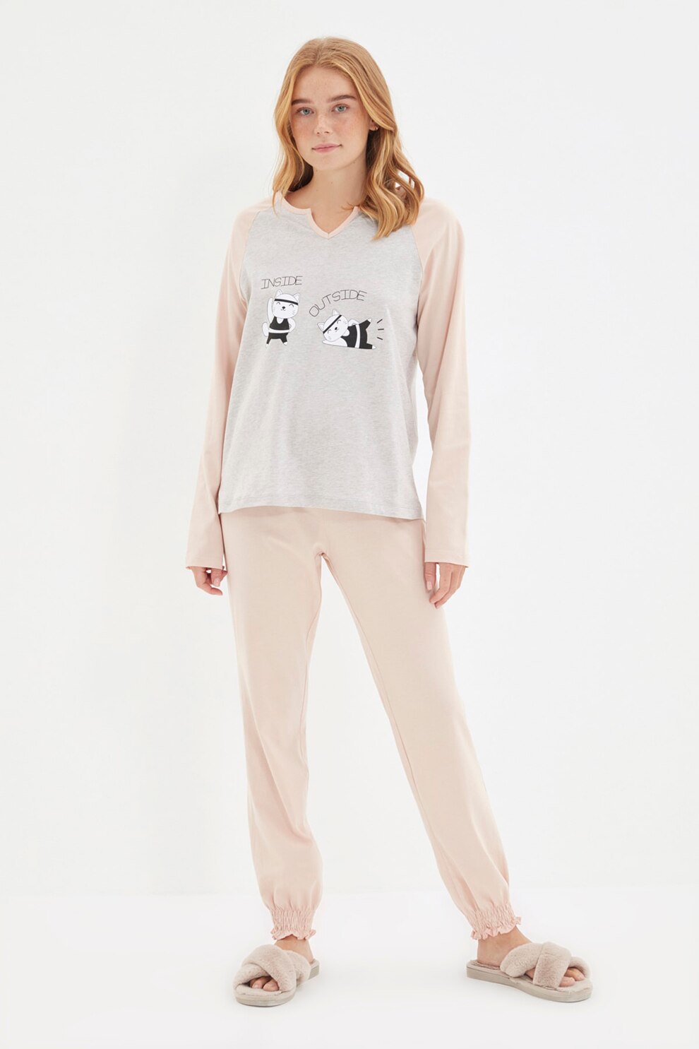 Trendyol, Pijama lunga cu maneci raglan, Roz pal/Gri deschis