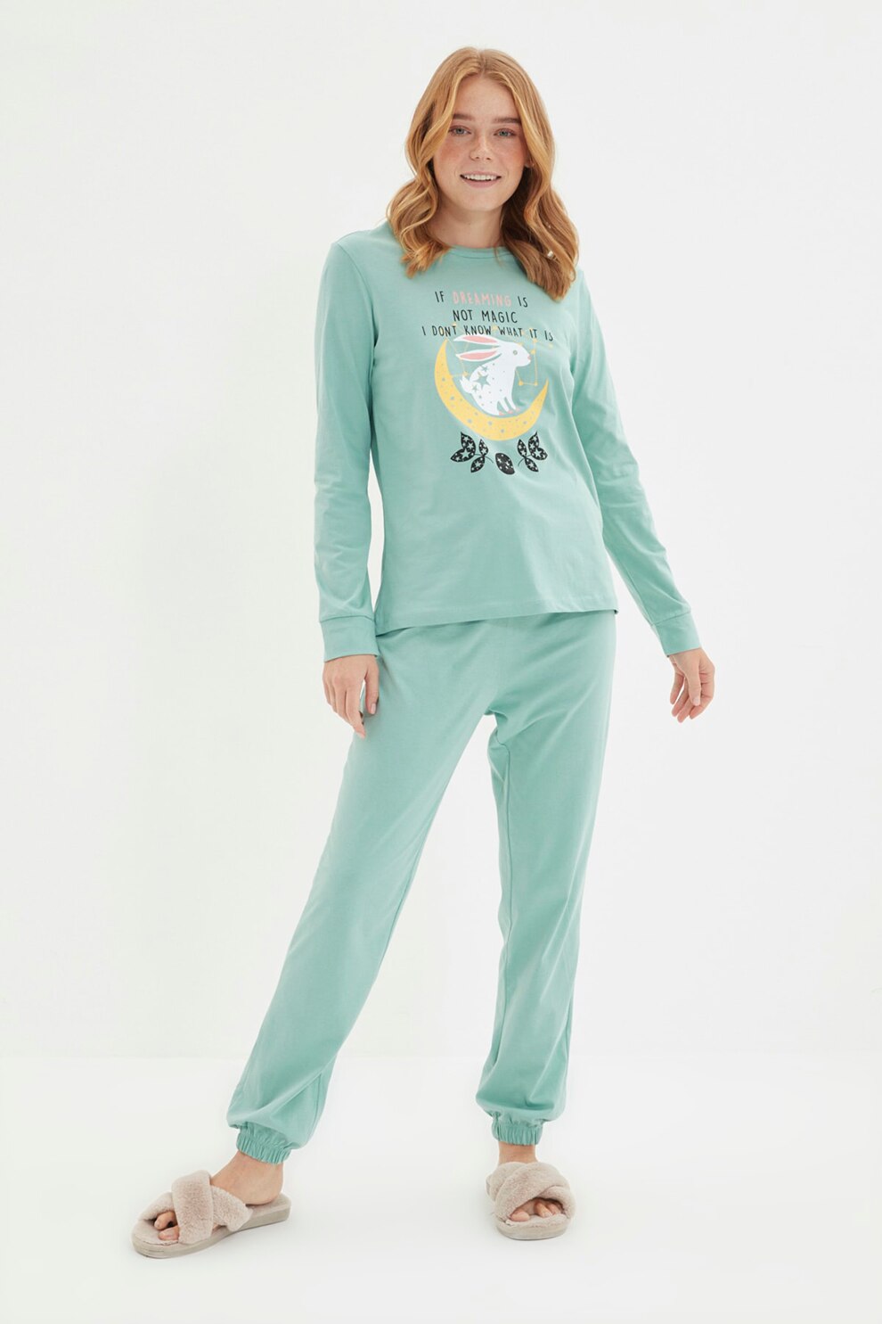 Trendyol, Pijama de bumbac cu iepure, Verde menta