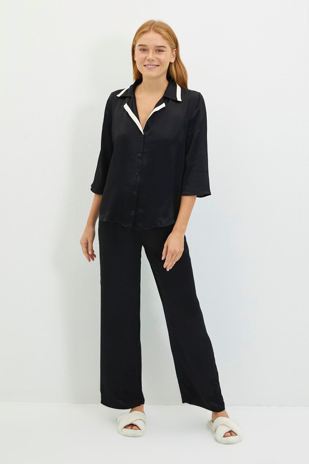 Trendyol, Pijama de satin cu maneci 3/4, Negru/Alb, XL