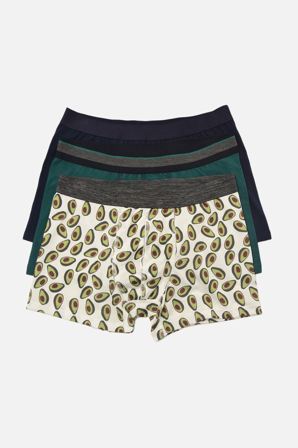 Trendyol, Set de boxeri uni si cu imprimeu cu avocado - 3 perechi, Verde inchis/Vrem/Bleumarin, S