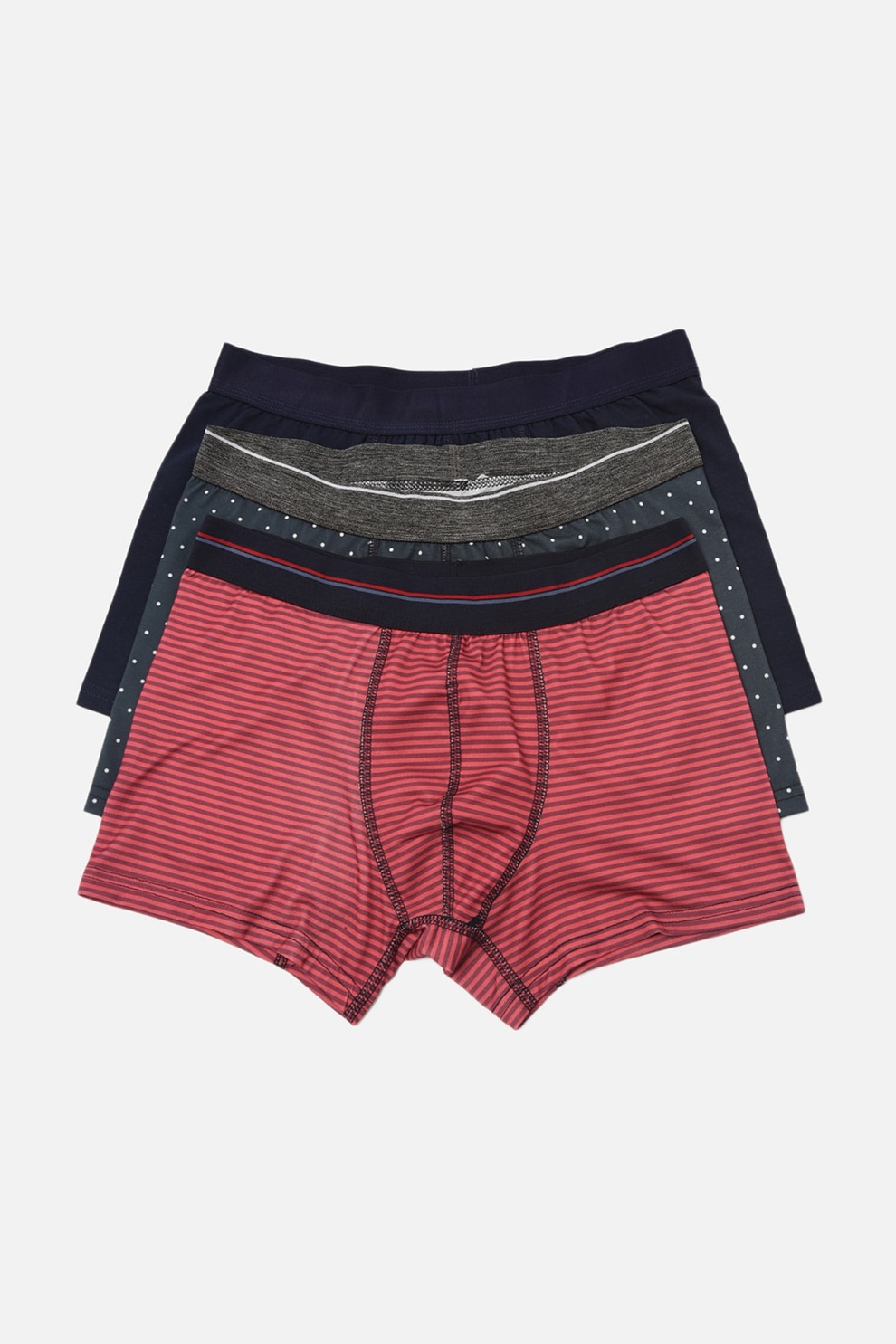 Trendyol, Set de boxeri uni si cu imprimeu - 3 perechi, Bleumarin inchis/Rosu, S