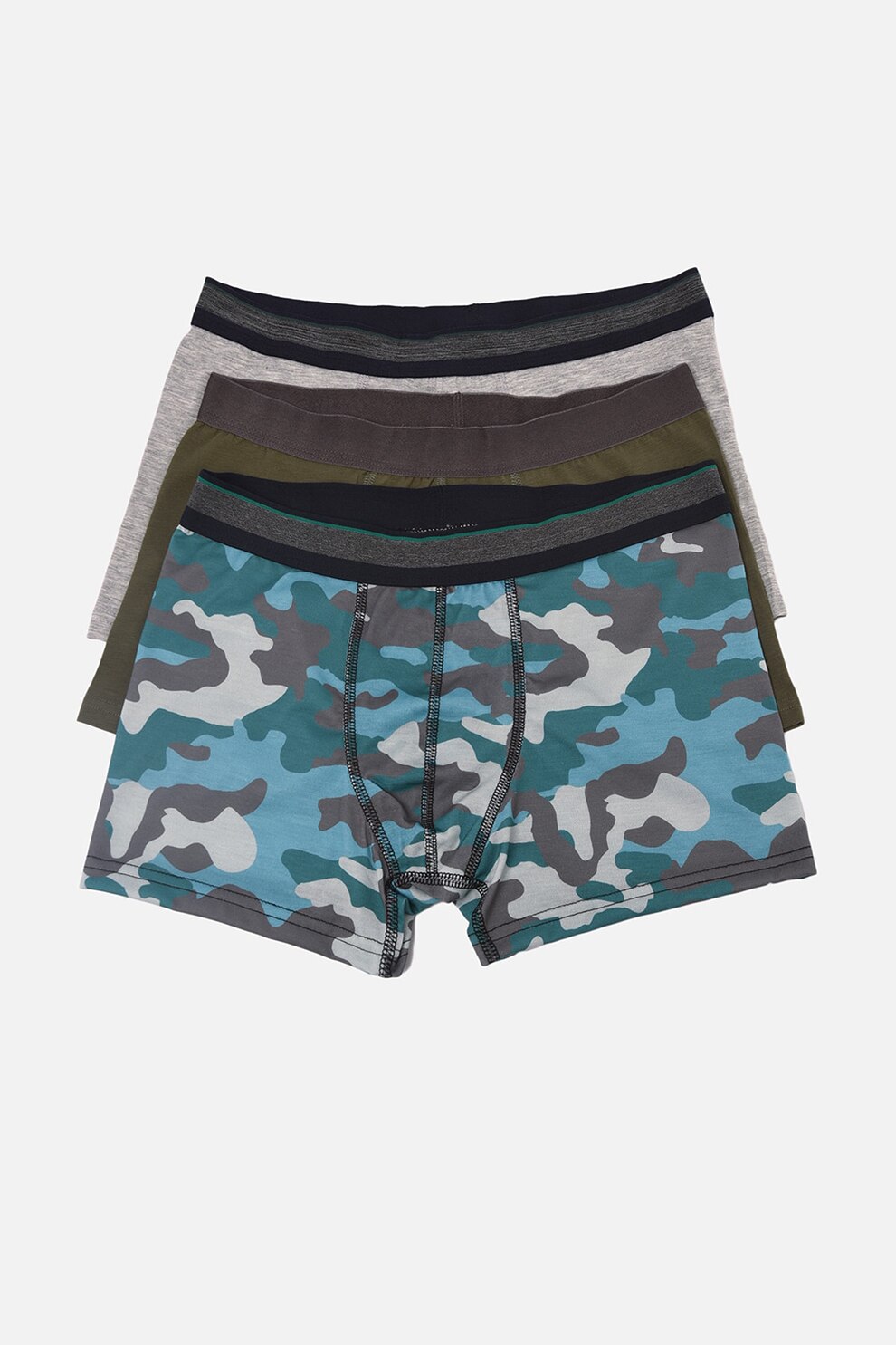Trendyol, Set de boxeri uni si cu imprimeu - 3 perechi, Gri melane/Albastru inchis/Verde militar