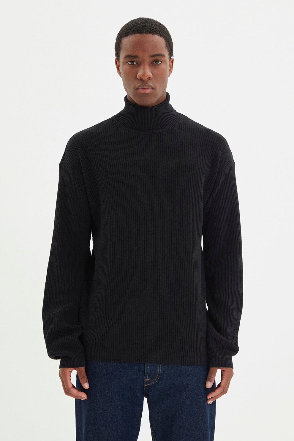 Trendyol, Pulover supradimensionat cu guler inalt si aspect striat, Negru