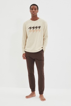 Trendyol, Pijama din bumbac cu pantaloni lungi, Maro, M Trendyol, Pijama din bumbac cu pantaloni lungi, Maro, M