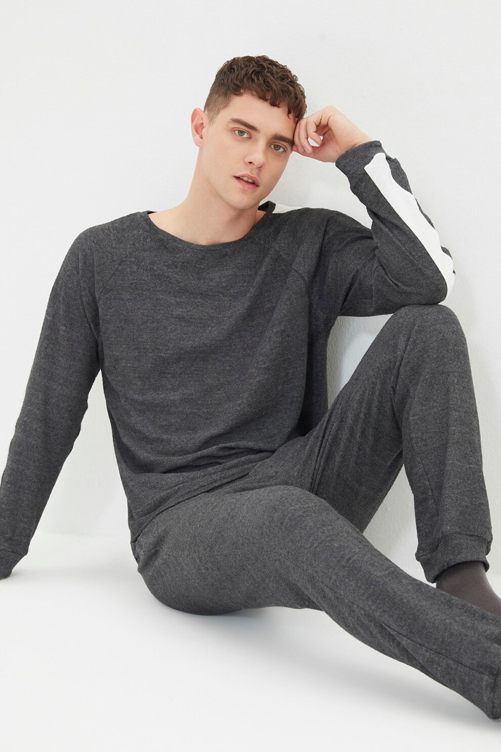 Trendyol, Pijama cu snur, Gri inchis melange/Alb, S