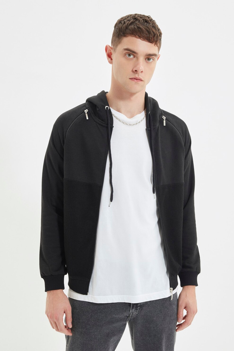 Trendyol, Hanorac cu aspect contrastant si fermoar, Negru