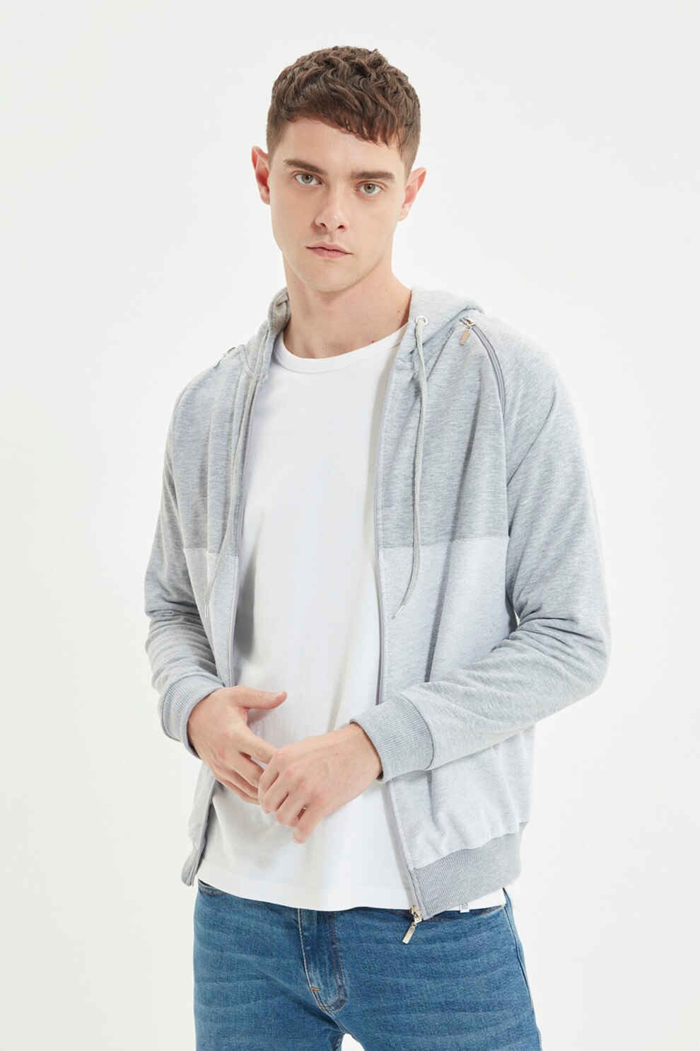 Trendyol, Hanorac cu aspect contrastant si fermoar, Gri melange