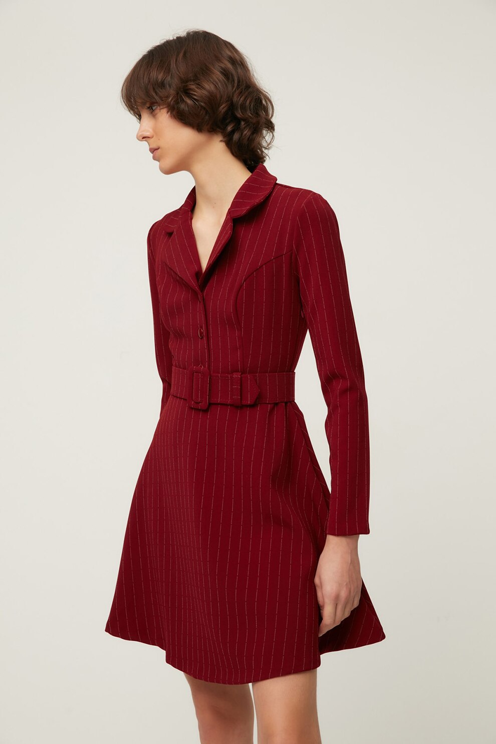 Trendyol, Rochie in dungi cu o curea asortata, Visiniu