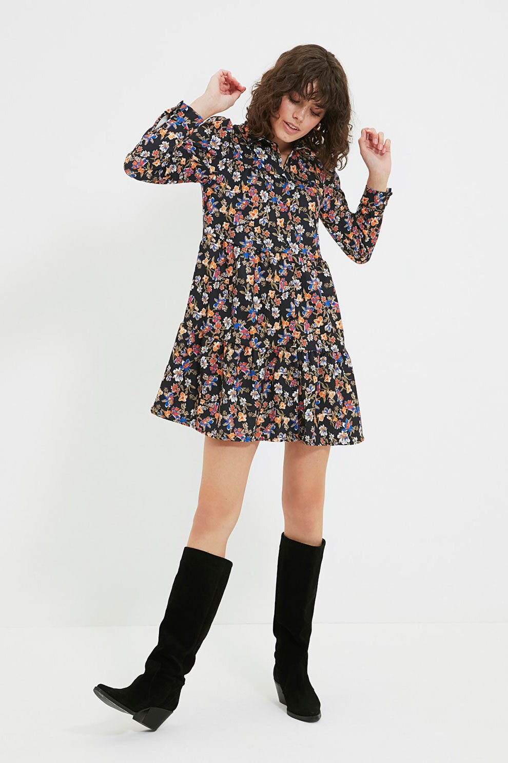 Trendyol, Rochie tip camasa cu imprimeu, Multicolora