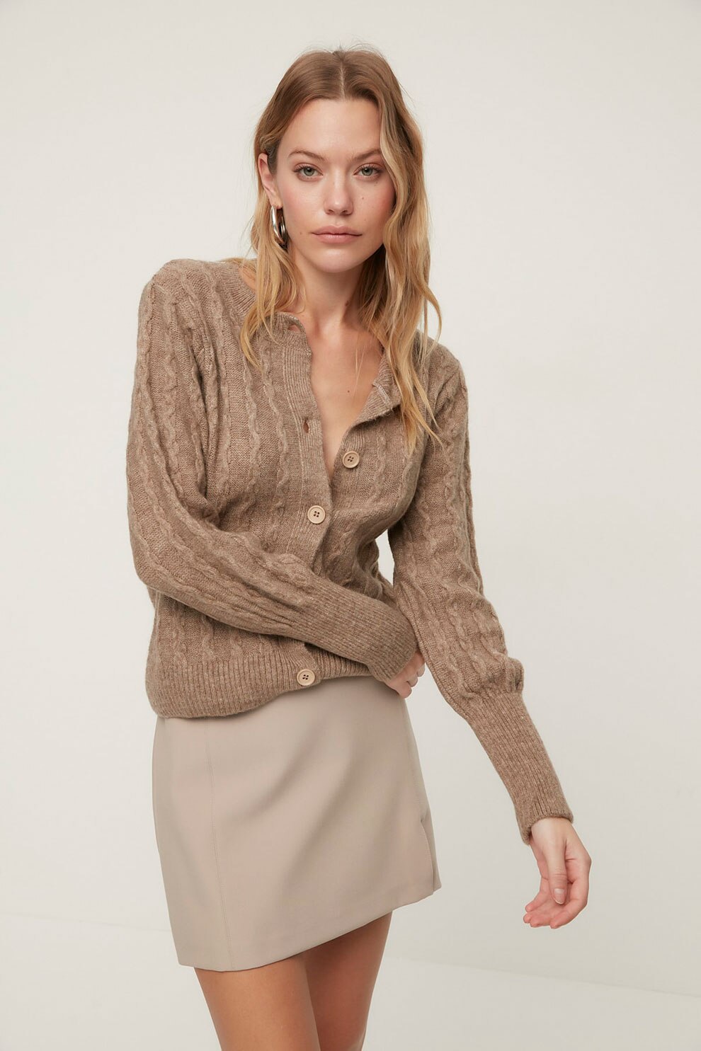Trendyol, Cardigan cu model torsade si nasturi, Maro camel