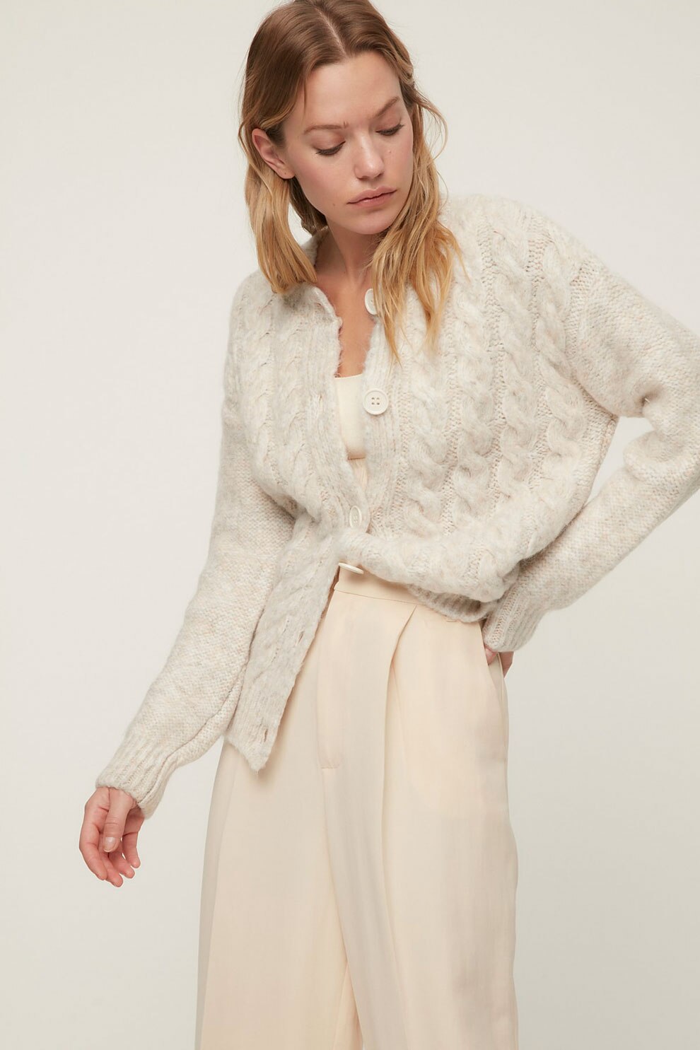 Trendyol, Cardigan cu model torsade si nasturi, Crem
