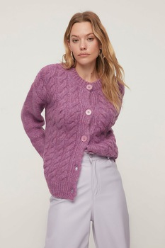 Trendyol, Cardigan cu model torsade si nasturi, Lila Trendyol, Cardigan cu model torsade si nasturi, Lila