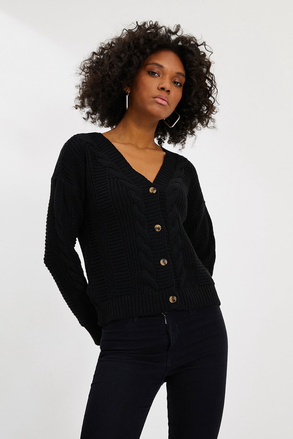 Trendyol, Cardigan cu decolteu in V si model torsade, Negru