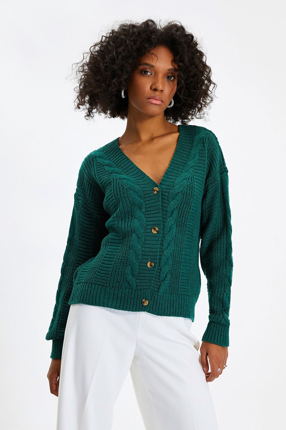 Trendyol, Cardigan cu decolteu in V si model torsade, Verde englez