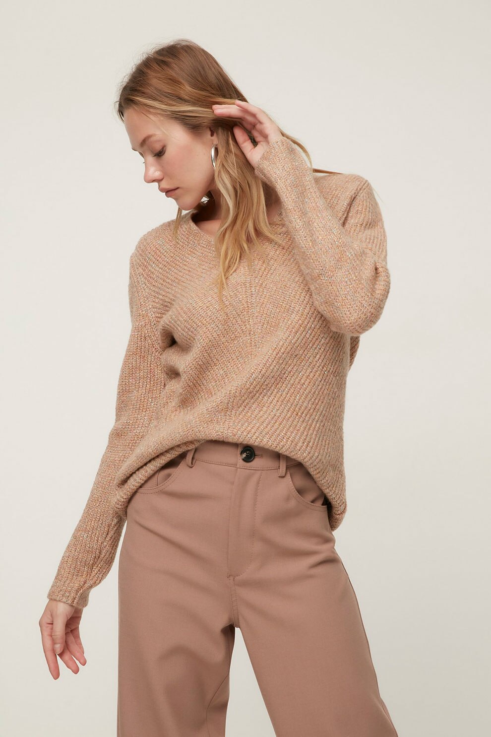 Trendyol, Pulover cu decolteu in V si maneci cazute, Piersica