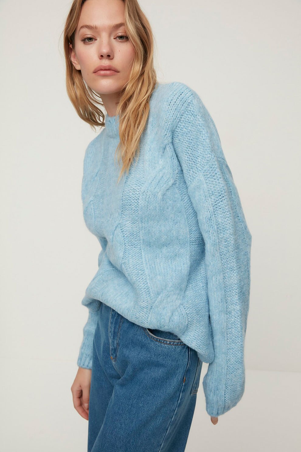 Trendyol, Pulover supradimensionat cu model torsade, Albastru azur