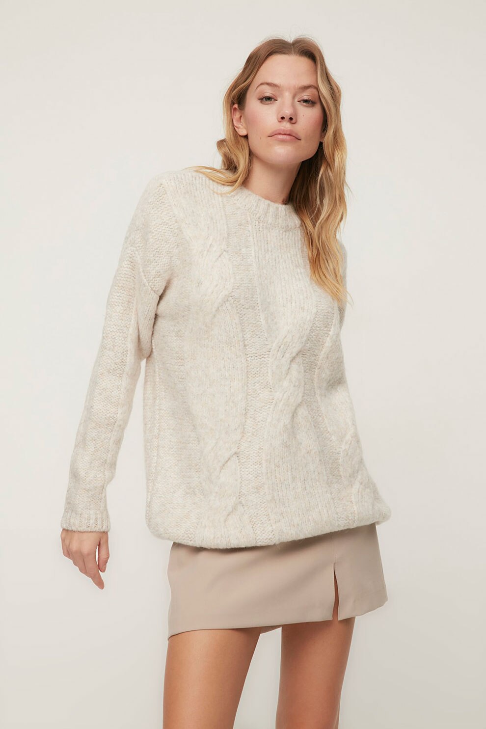 Trendyol, Pulover supradimensionat cu model torsade, Crem