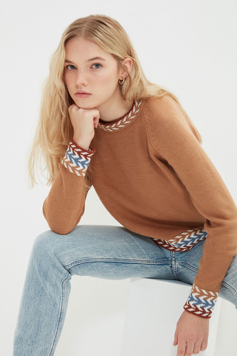 Trendyol, Pulover cu maneci raglan si terminatii contrastante, Maro camel