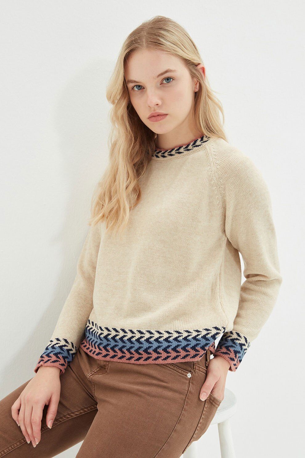 Trendyol, Pulover cu maneci raglan si terminatii contrastante, Bej