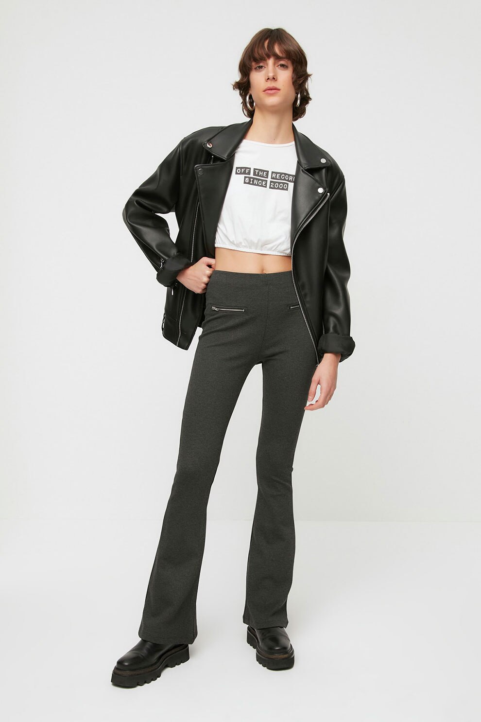 Trendyol, Pantaloni evazati cu talie inalta TWOAW22PL0632, Gri antracit