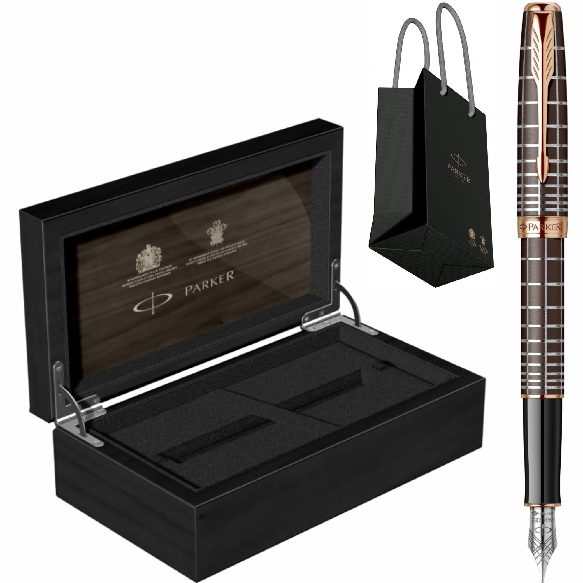 Set Parker Stilou Sonnet Royal Dark Brown Laque PGT cu penita din aur de 18k, convertor Parker Deluxe montat in Cutie de Lemn si punga Parker