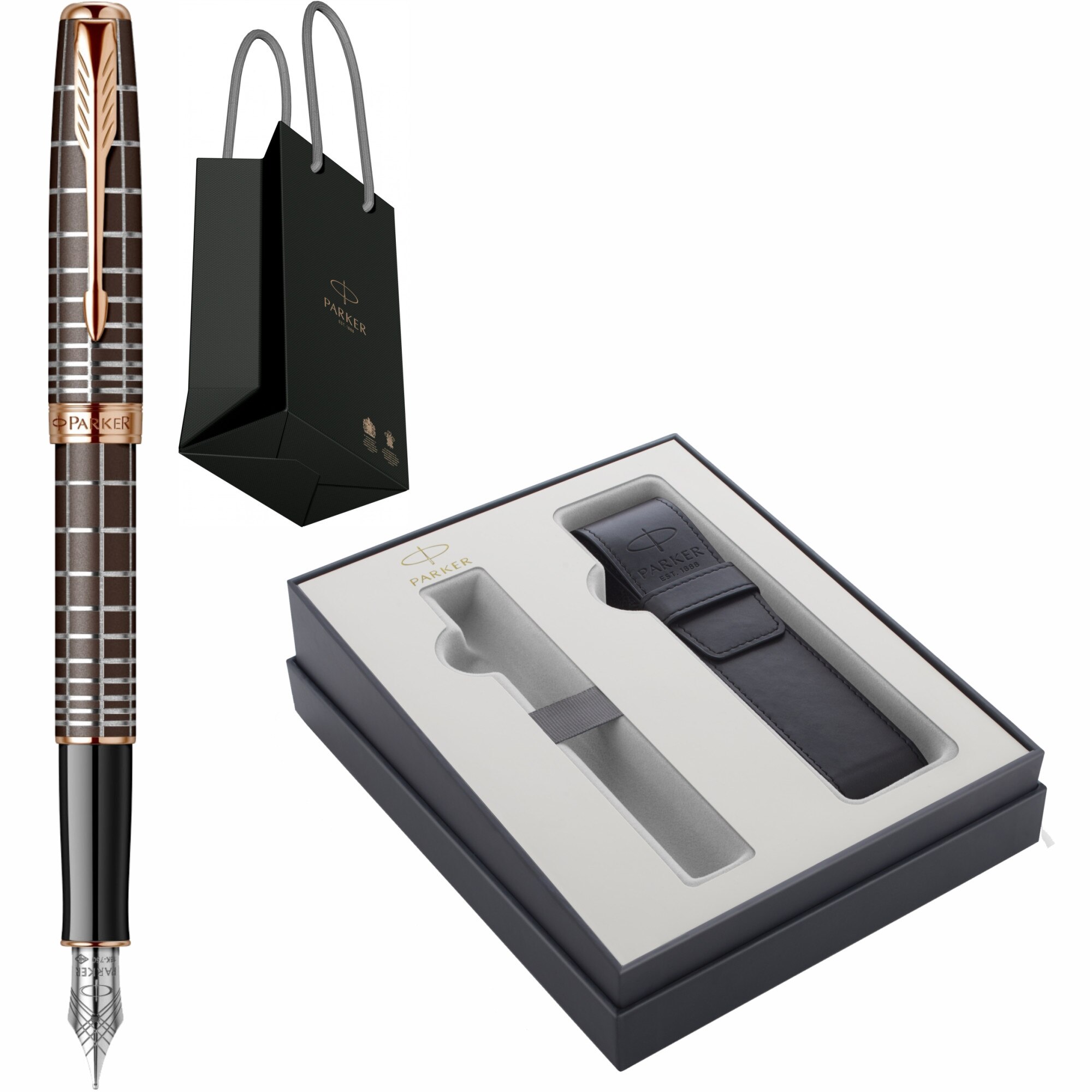 Stilou Parker Sonnet Royal Dark Brown Laque PGT cu penita din aur de 18k, convertor Parker Deluxe montat in Cutie cu Etui Focus Collection si punga Parker