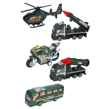 Set 5 masinute Karemi, Seria fortelor militare, cu elicopter de jucarie, motocicleta, autobuz, masini de lupta, verzi Set 5 masinute Karemi, Seria fortelor militare, cu elicopter de jucarie, motocicleta, autobuz, masini de lupta, verzi