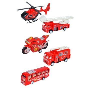 Set 5 masinute Karemi, seria de stingere a incendiilor, cu elicopter, motocicleta, autobuz, 2 x masina de pompieri, rosii Set 5 masinute Karemi, seria de stingere a incendiilor, cu elicopter, motocicleta, autobuz, 2 x masina de pompieri, rosii