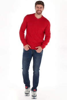 Lee Cooper, Pulover tricotat fin cu decolteu in V, Rosu vermilion Lee Cooper, Pulover tricotat fin cu decolteu in V, Rosu vermilion