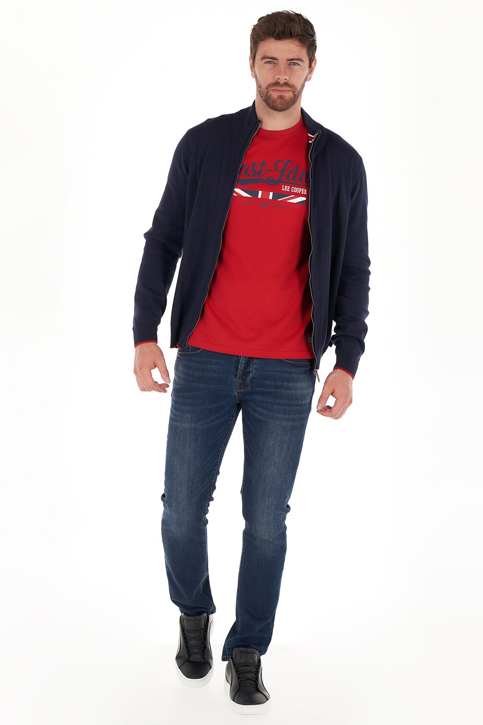 Lee Cooper, Cardigan cu fermoar si mansete striate, bleumarin inchis, S
