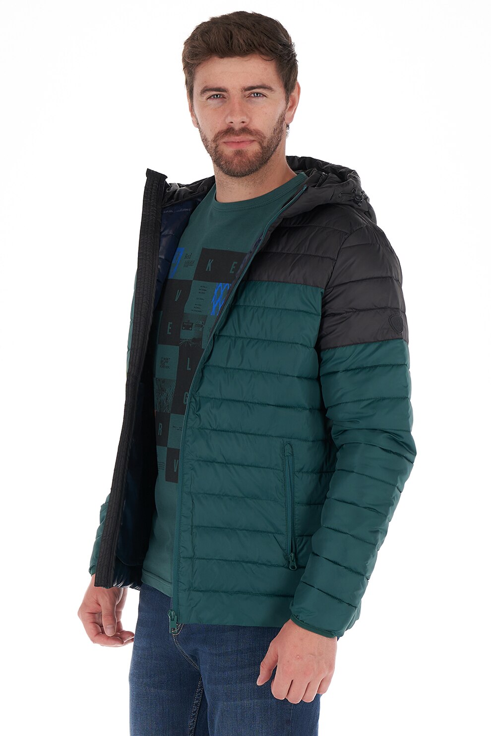 Kenvelo, Geaca matlasata cu gluga, Verde marin/Negru