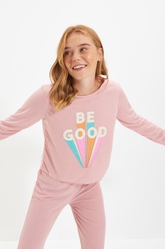 Trendyol, Pijama de bumbac cu imprimeu text, Roz prafuit/Alb Trendyol, Pijama de bumbac cu imprimeu text, Roz prafuit/Alb