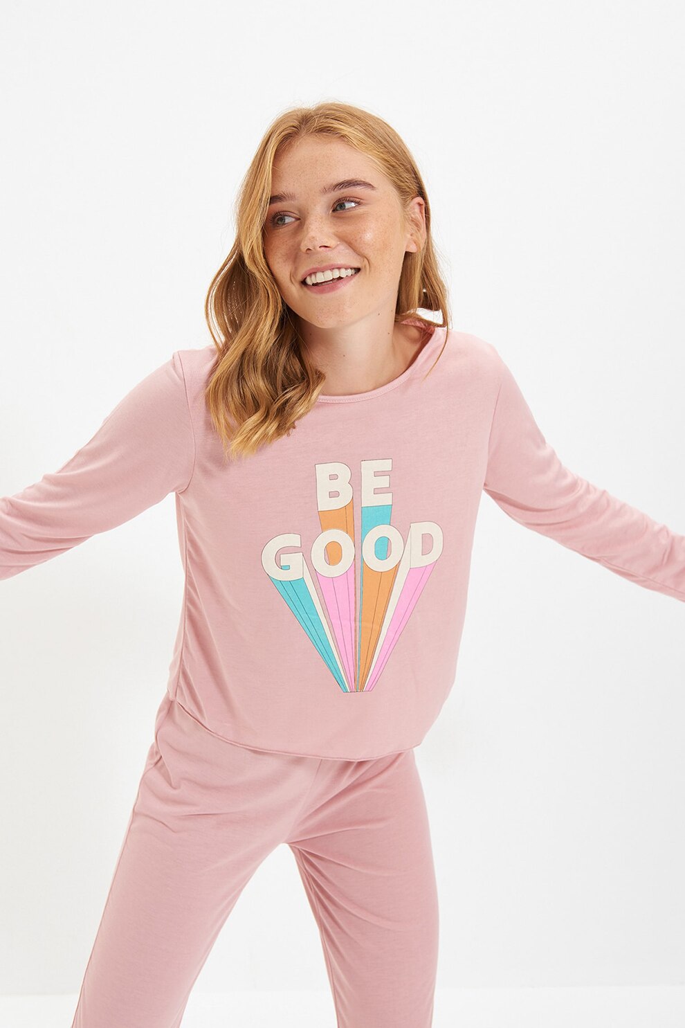 Trendyol, Pijama de bumbac cu imprimeu text, Roz prafuit/Alb