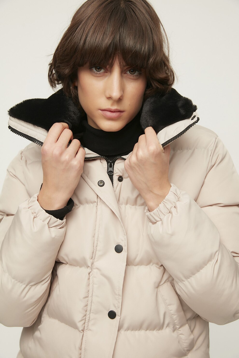 Trendyol, Geaca cu guler cu captuseala din blana sintetica, Maro nisip