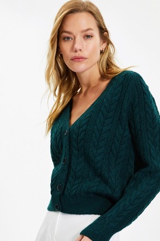 Trendyol, Cardigan cu decolteu in V si model torsade, Verde forest Trendyol, Cardigan cu decolteu in V si model torsade, Verde forest