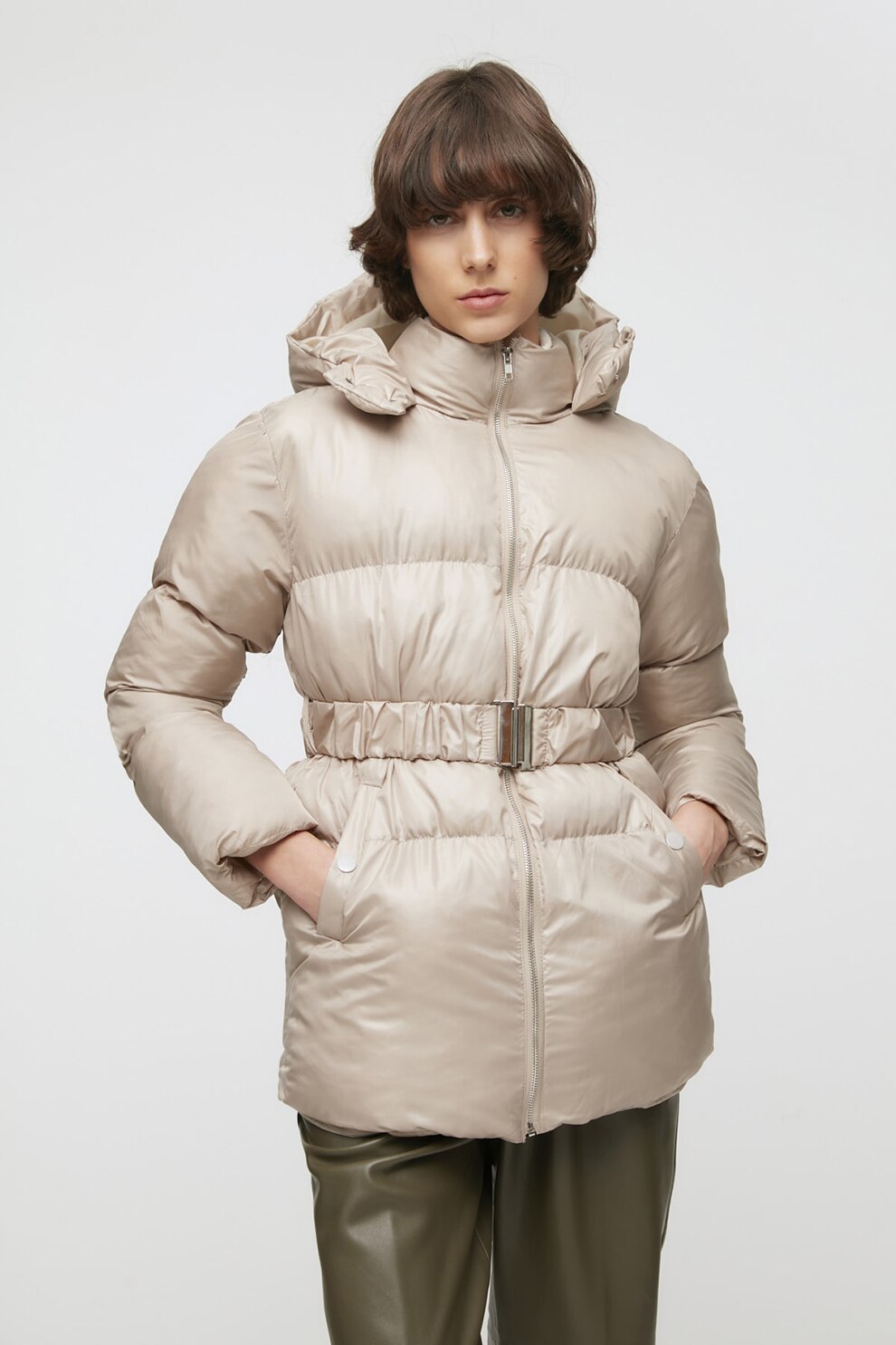 Trendyol, Geaca cu gluga si curea in talie, Bej