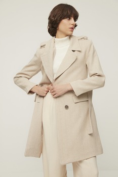 Trendyol, Palton cu doua randuri de nasturi si revere decupate, Bej Trendyol, Palton cu doua randuri de nasturi si revere decupate, Bej
