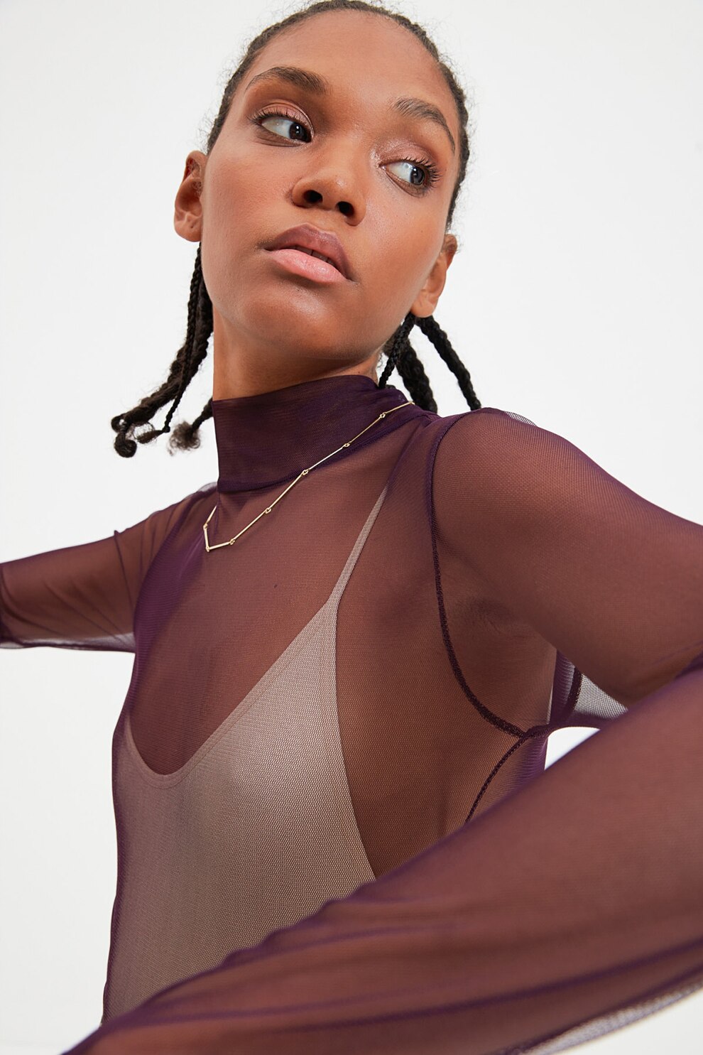 Trendyol, Bluza transparenta cu guler inalt, Violet aubergine