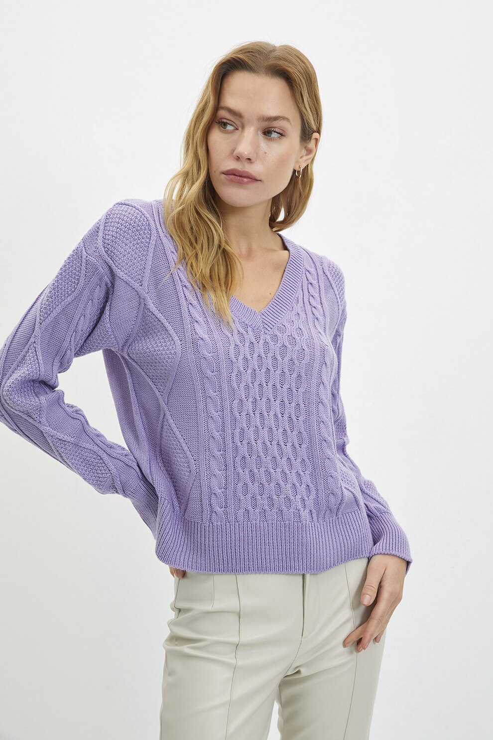 Trendyol, Pulover cu model torsade si decolteu in V, Lila