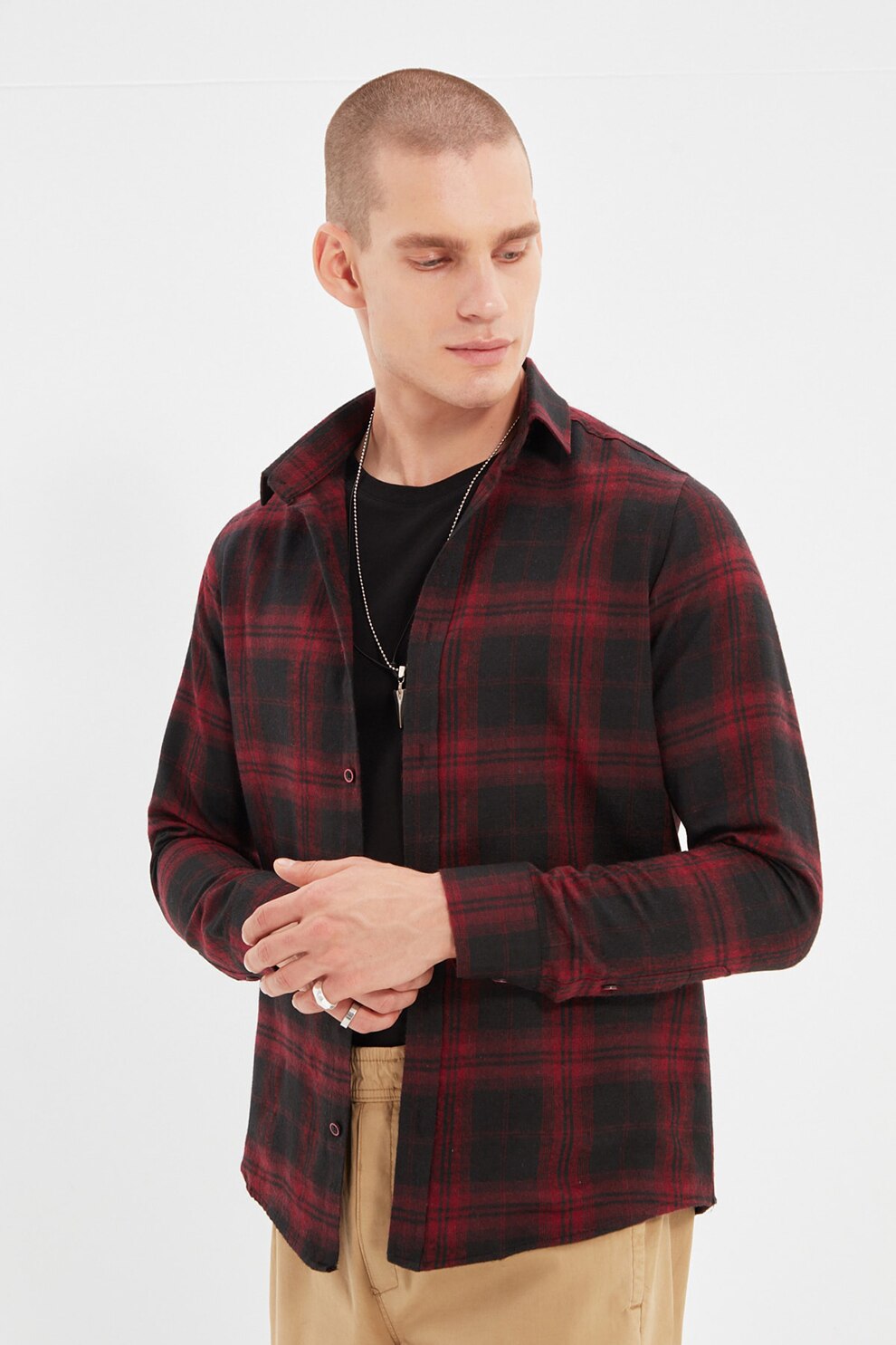 Trendyol, Camasa slim fit cu model in carouri, Visiniu