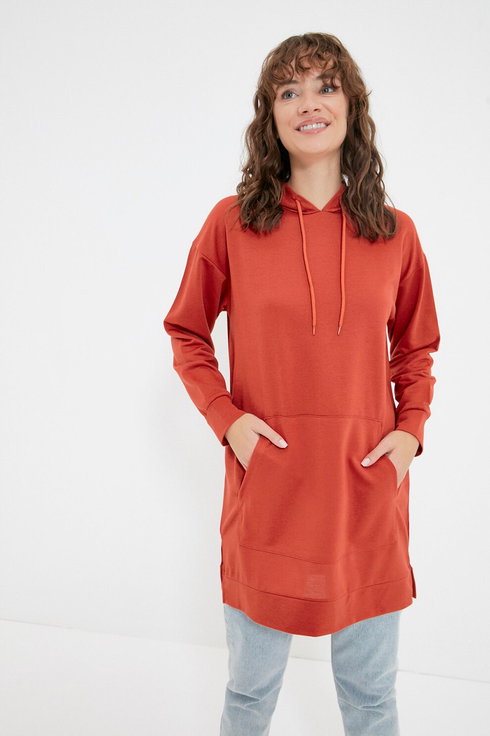 Trendyol, Hanorac lejer cu buzunar kangaroo TCTAW22TW0139, Rosu caramiziu