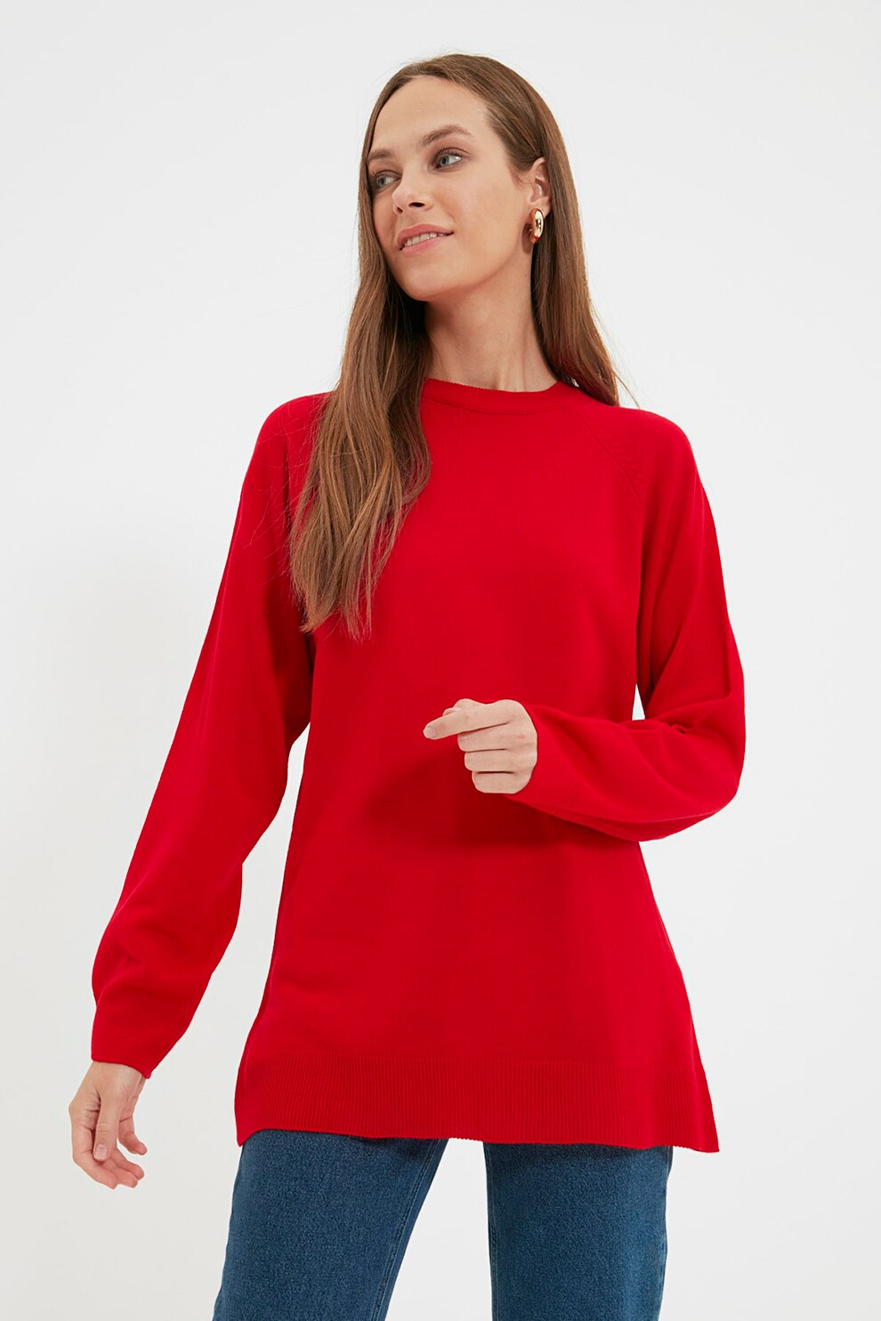 Trendyol, Pulover cu decolteu la baza gatului si maneci raglan, Rosu